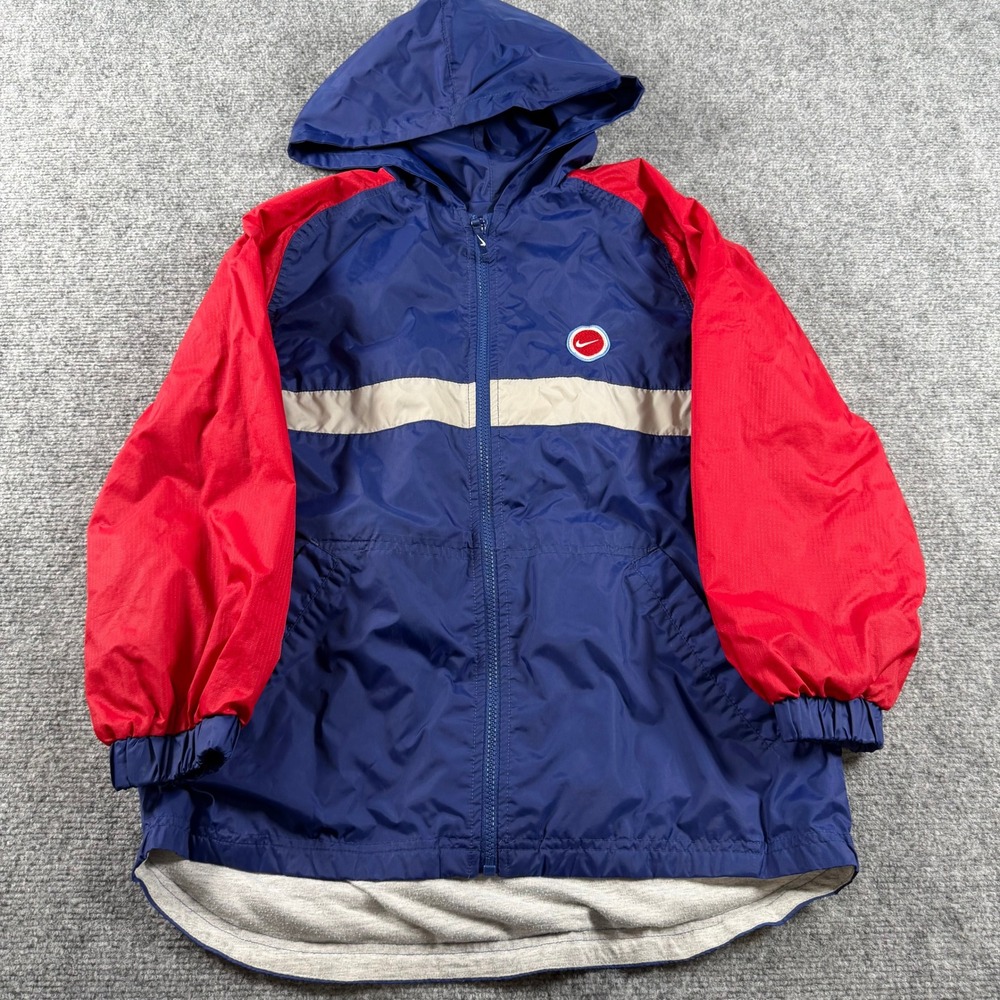 VTG Nike Windbreaker Youth M Blue Red Full Zip Hooded Swoosh Jacket Coat